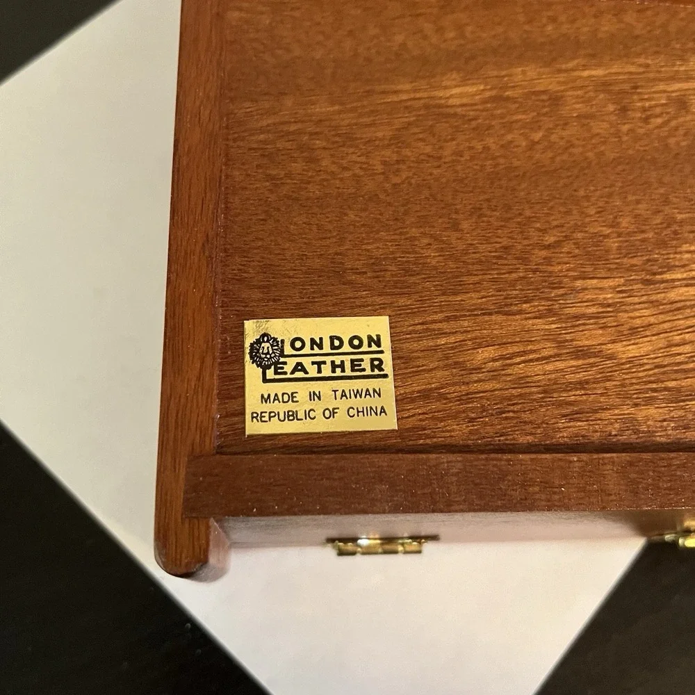 MCM‎ London Leather Wooden Jewelry Box Valet Inlaid Divided Storage Case Vintage